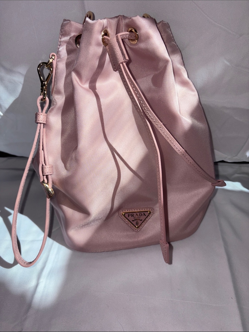 Prada Blush Satin Drawstring Mini Bucket Bag wristlet w box and dust bag